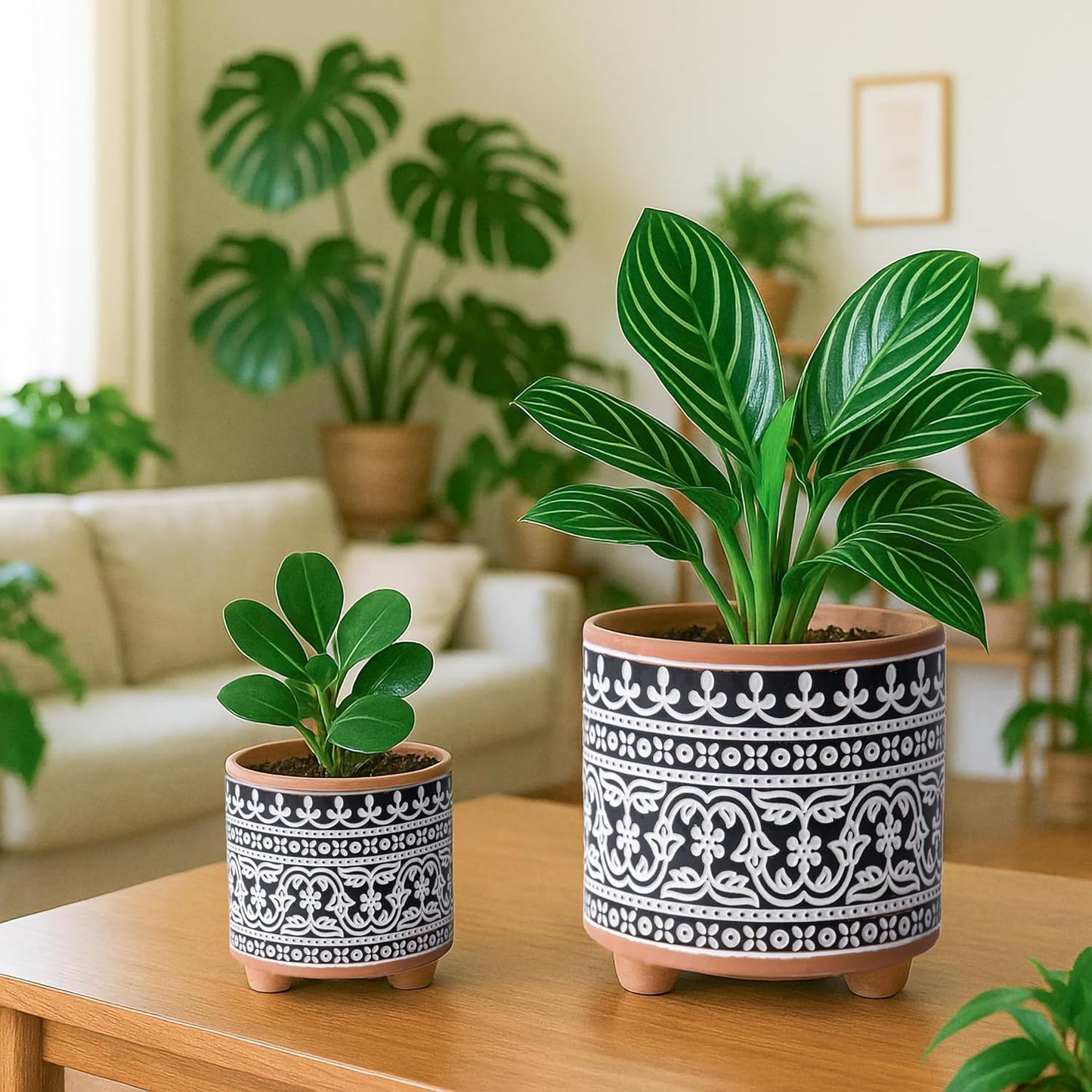 2-Pack Terracotta Pots, 4/6 In, Midnight Lace, 31-953-F-2 | Hand-Painted Details, Three-Legged Design, Natural Clay Texture, Artisan Patterned Finish, Elegant Accent for Indoor Plants