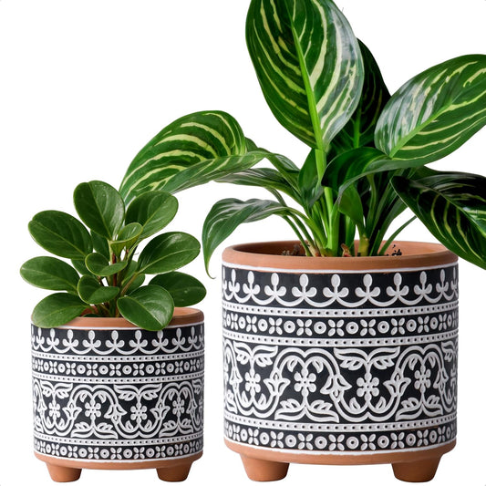 2-Pack Terracotta Pots, 4/6 In, Midnight Lace, 31-953-F-2 | Hand-Painted Details, Three-Legged Design, Natural Clay Texture, Artisan Patterned Finish, Elegant Accent for Indoor Plants