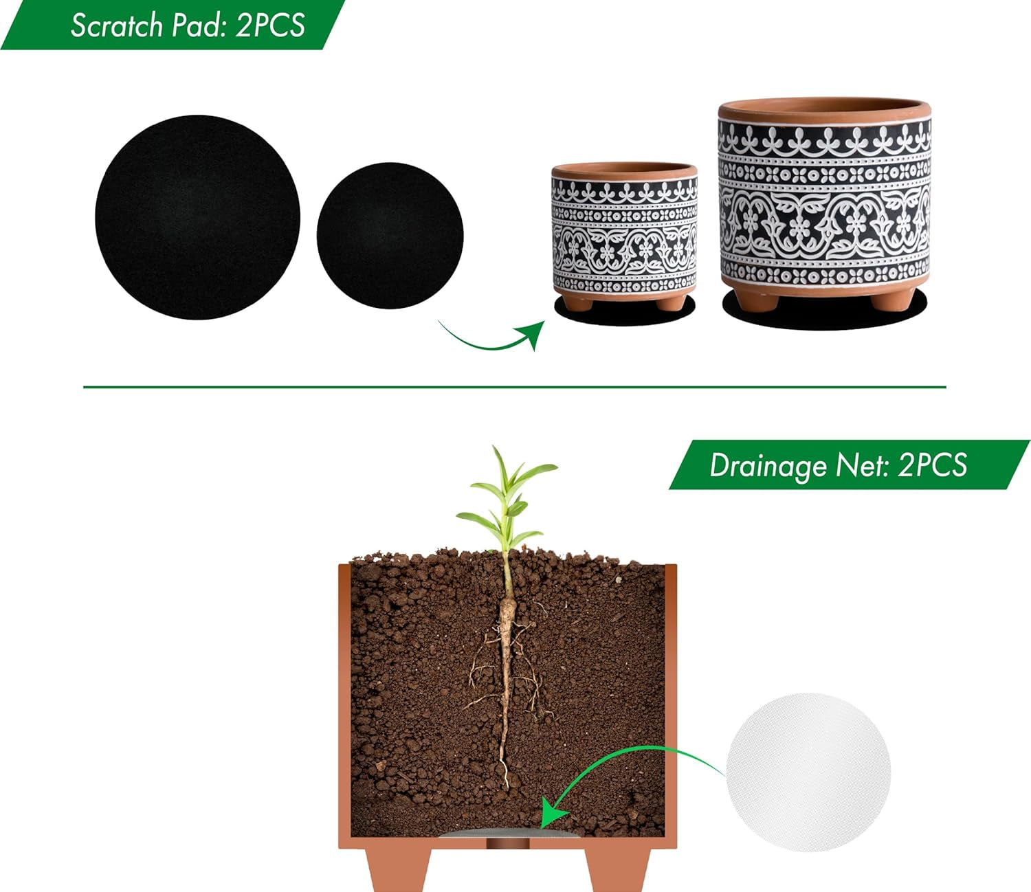 2-Pack Terracotta Pots, 4/6 In, Midnight Lace, 31-953-F-2 | Hand-Painted Details, Three-Legged Design, Natural Clay Texture, Artisan Patterned Finish, Elegant Accent for Indoor Plants