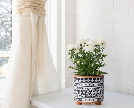 2-Pack Terracotta Pots, 4/6 In, Midnight Lace, 31-953-F-2 | Hand-Painted Details, Three-Legged Design, Natural Clay Texture, Artisan Patterned Finish, Elegant Accent for Indoor Plants